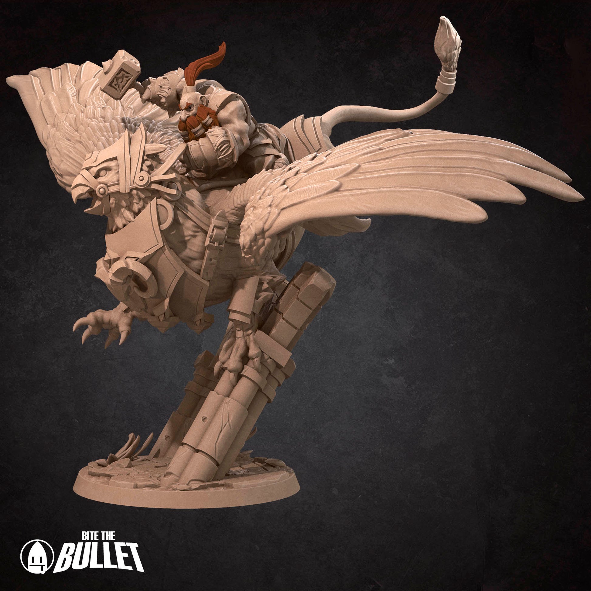 Highly detailed dwarf holding a hammer riding a gryphon