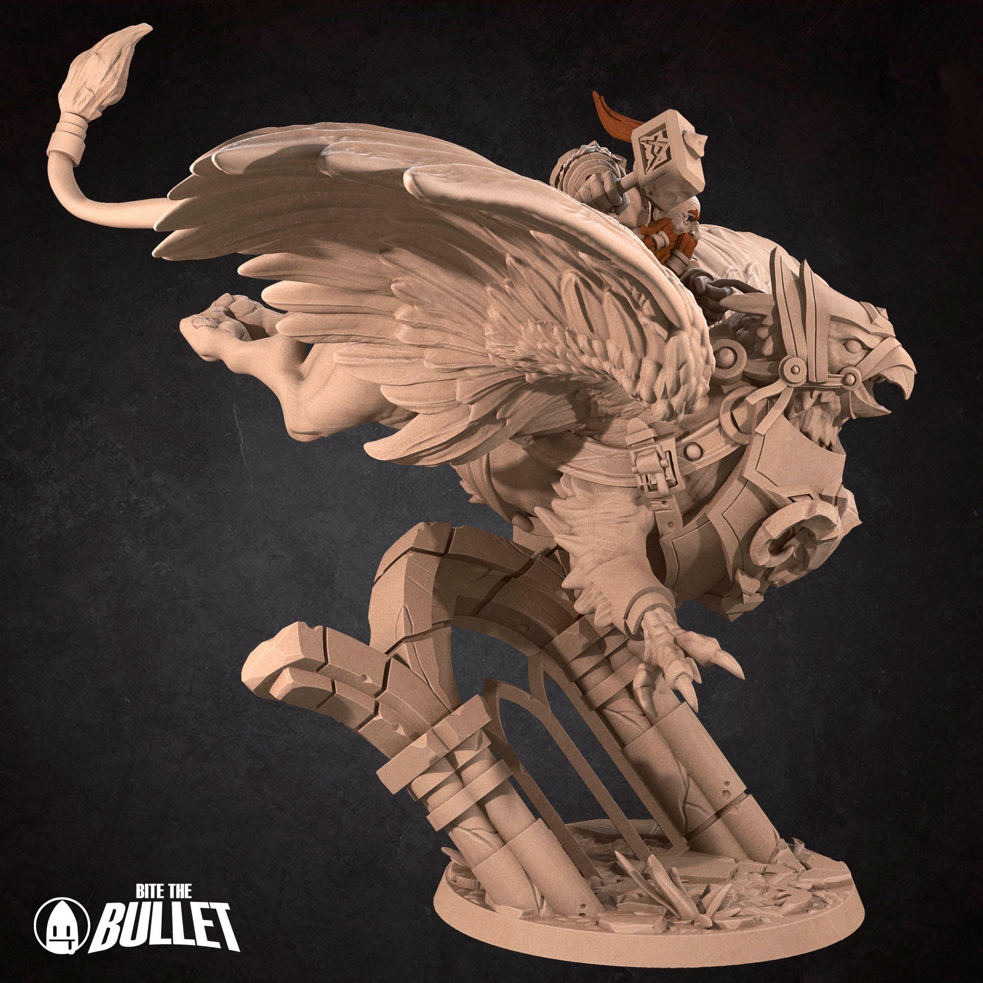 Highly detailed dwarf holding a hammer riding a gryphon