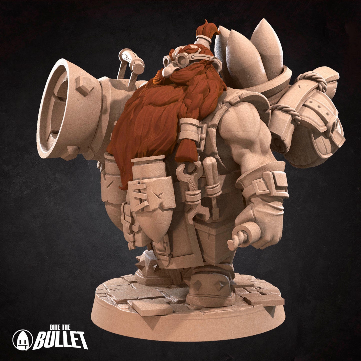 Dwarf artillerist with long red beard and a giant cannon and dynamite