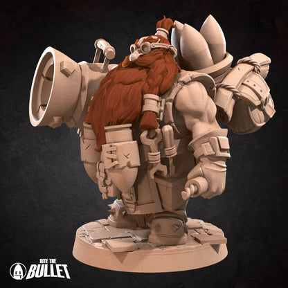 Dwarf artillerist with long red beard and a giant cannon and dynamite