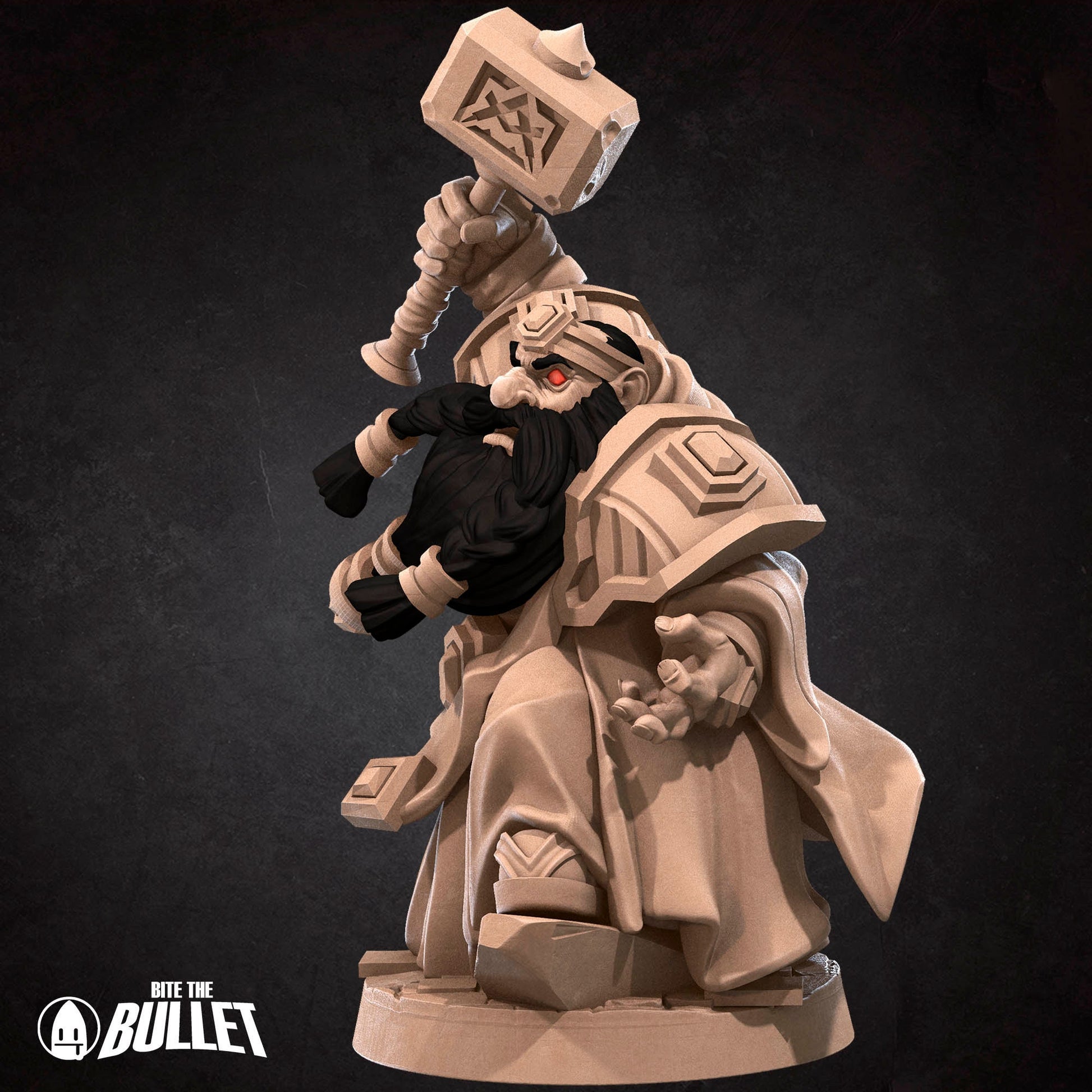 Evil looking dwarf with long black beard holding a hammer menacingly