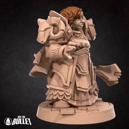 Armored Dwarf Priestess holding a mace while preparing a spell