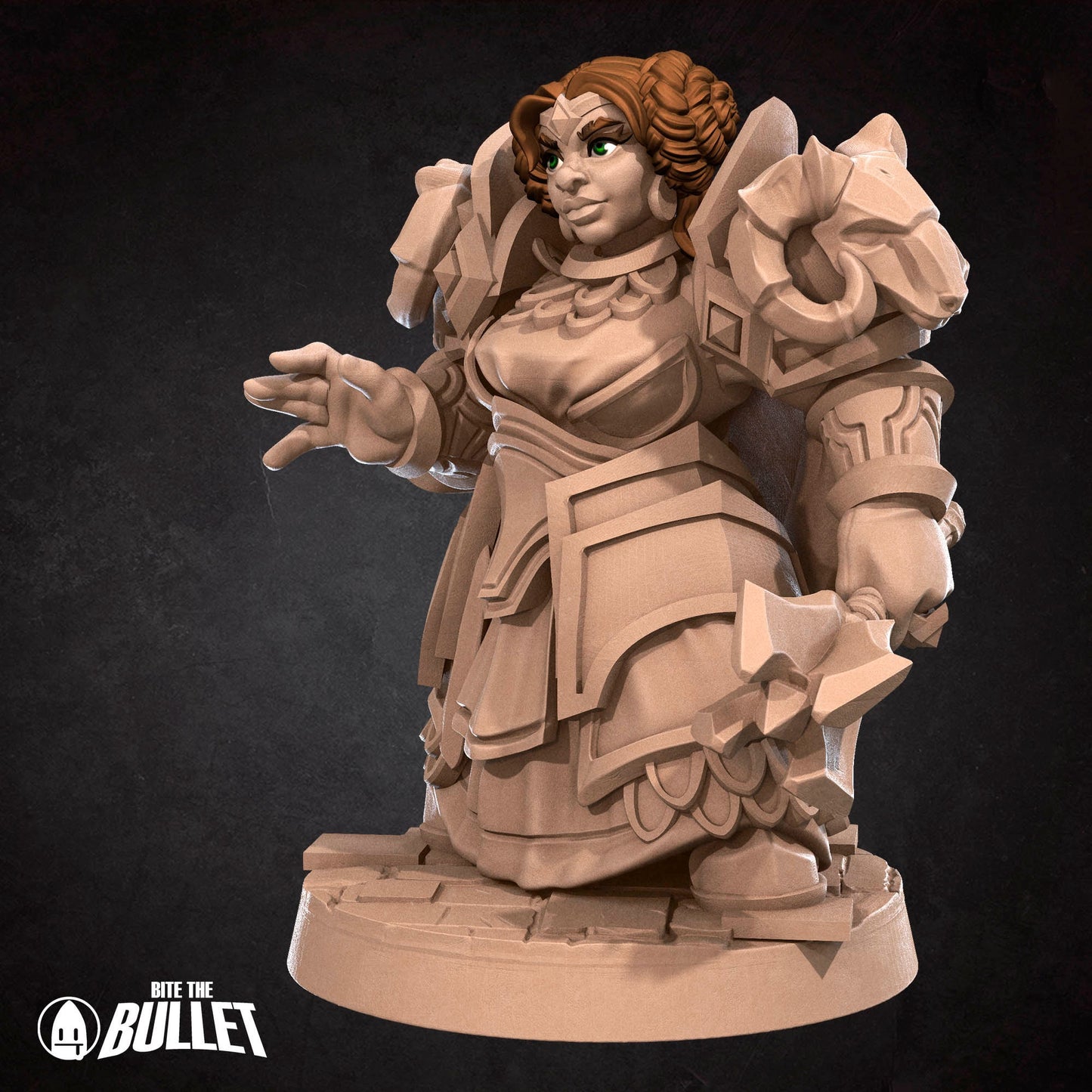 Armored Dwarf Priestess holding a mace while preparing a spell