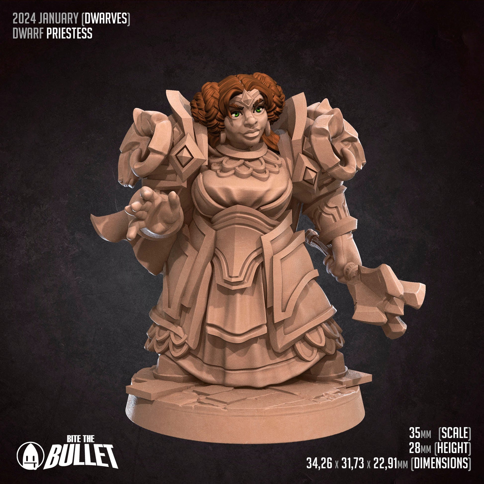 Armored Dwarf Priestess holding a mace while preparing a spell