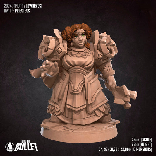 Armored Dwarf Priestess holding a mace while preparing a spell