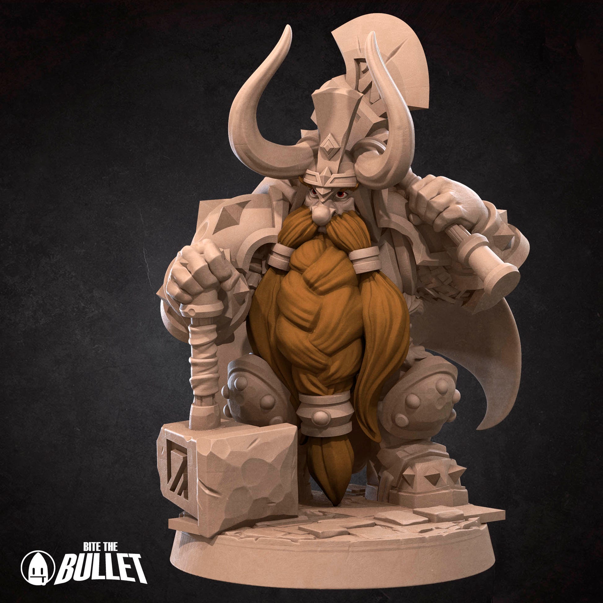 Armored stoic dwarf king wearing a horned helmet holding an axe and resting his other hand on a hammer
