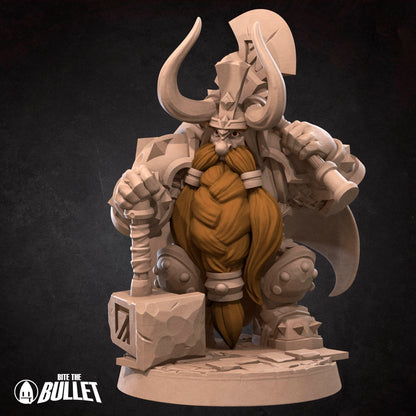 Armored stoic dwarf king wearing a horned helmet holding an axe and resting his other hand on a hammer