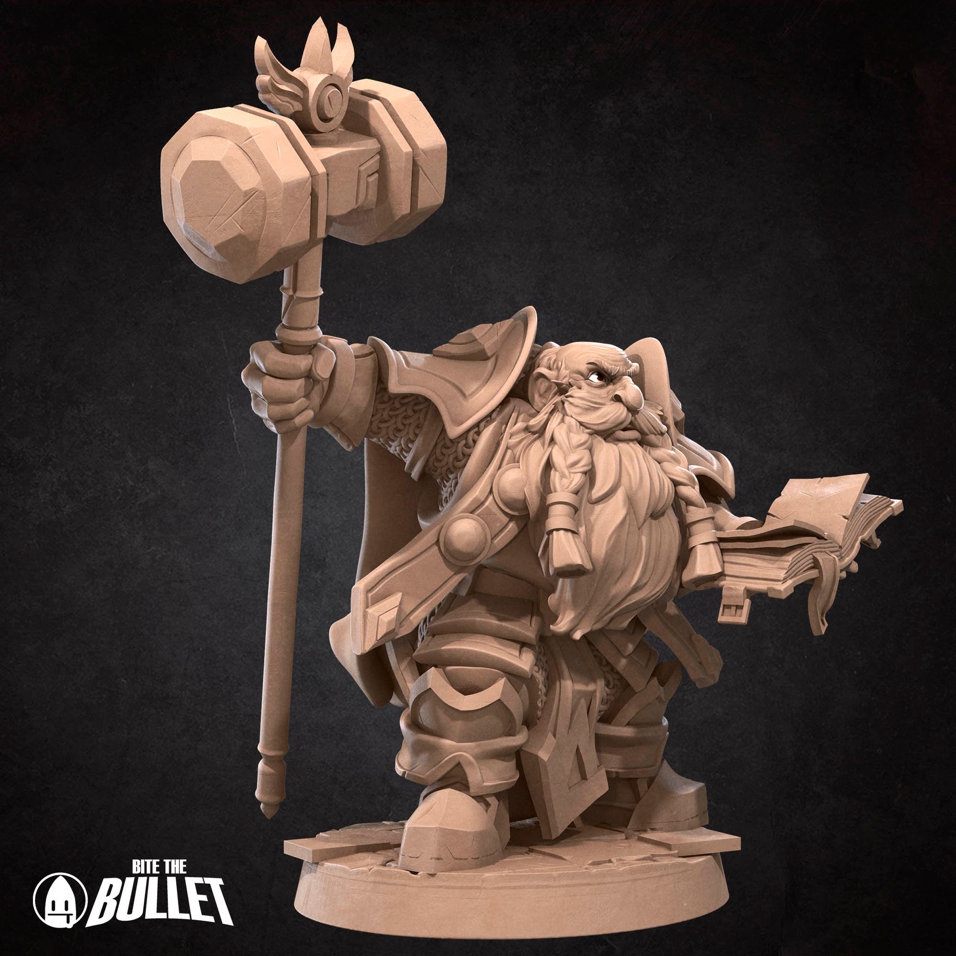 Armored dwarf priest holding a hammer staff and religious book
