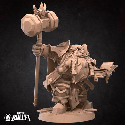 Armored dwarf priest holding a hammer staff and religious book