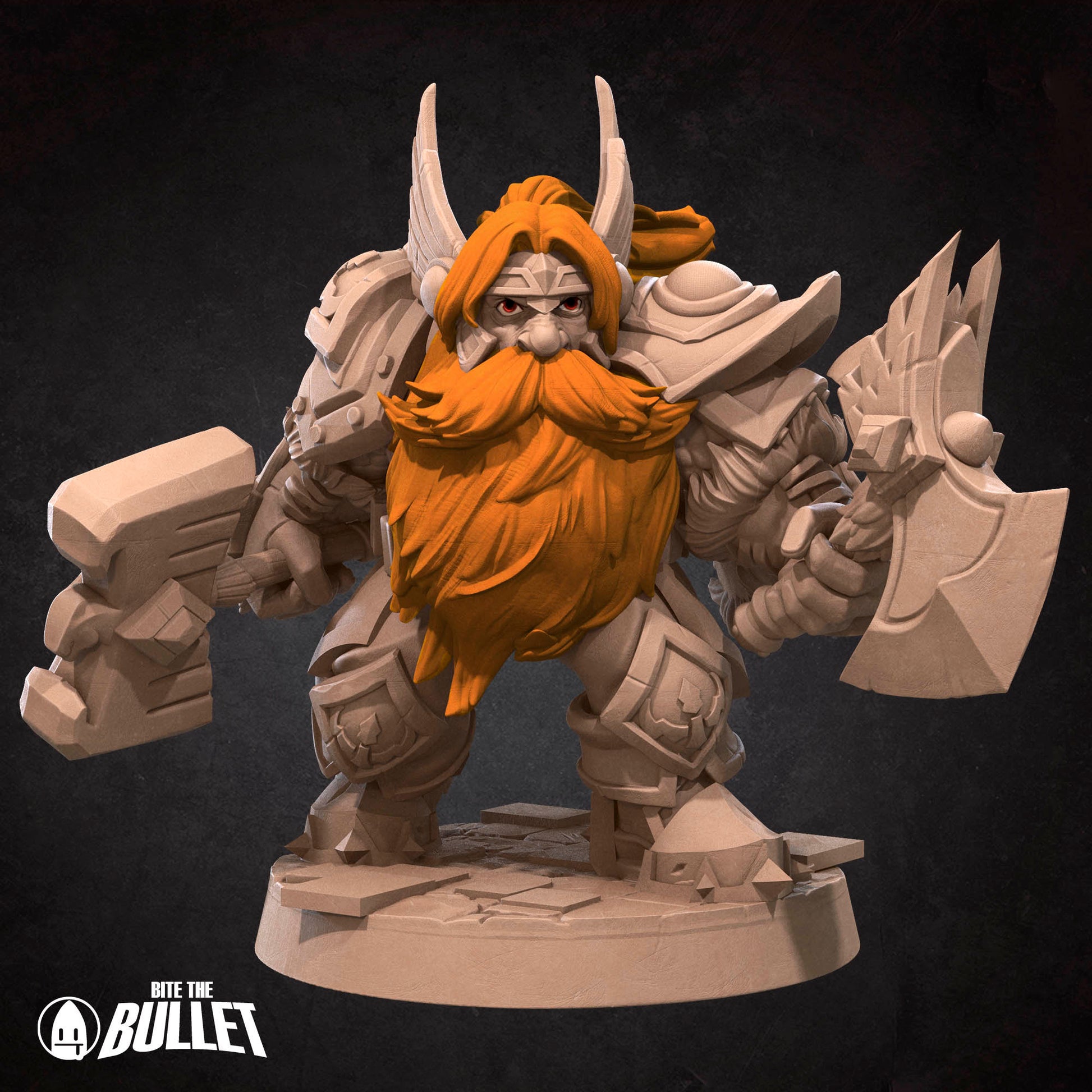 Armored dwarf general holding an axe and hammer