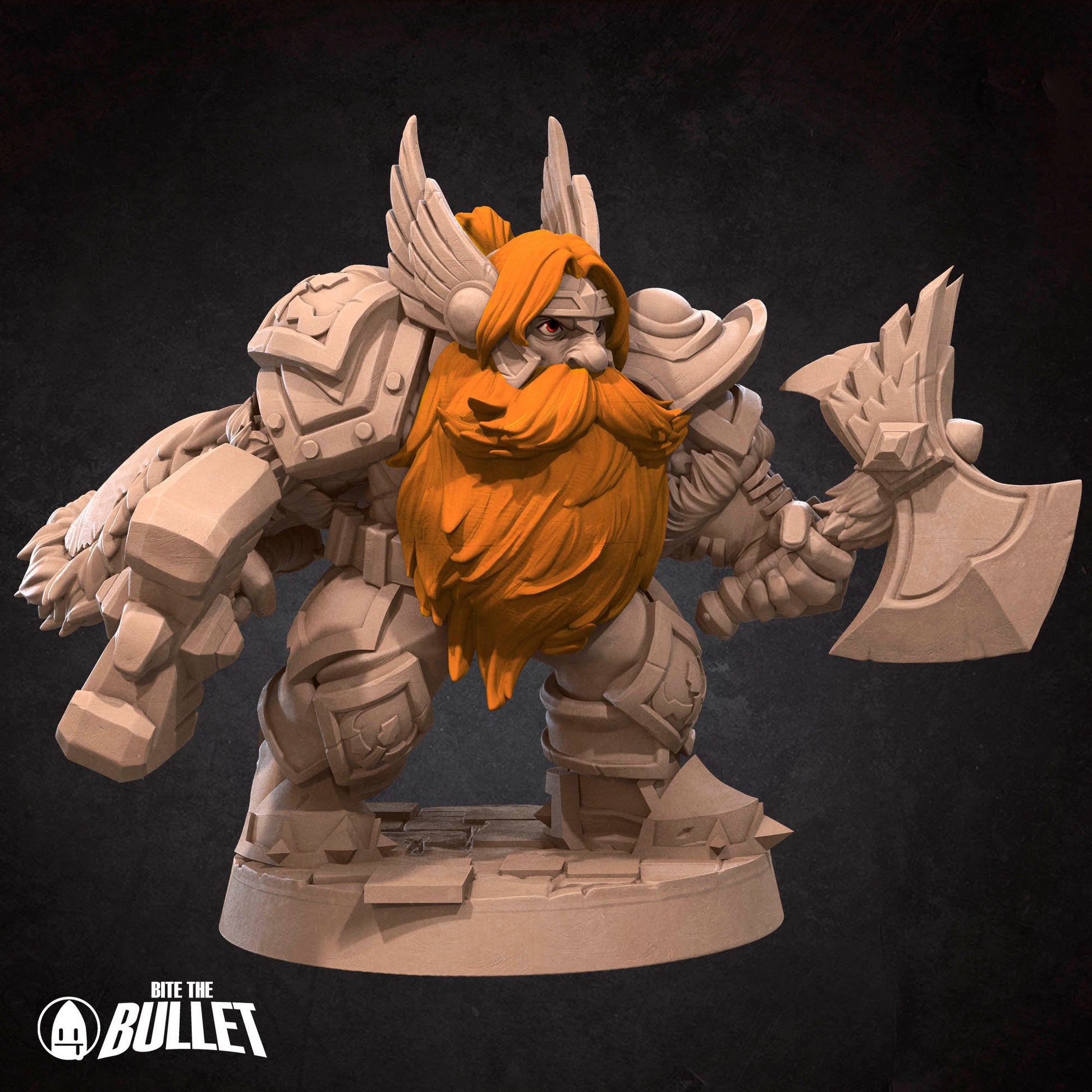 Armored dwarf general holding an axe and hammer