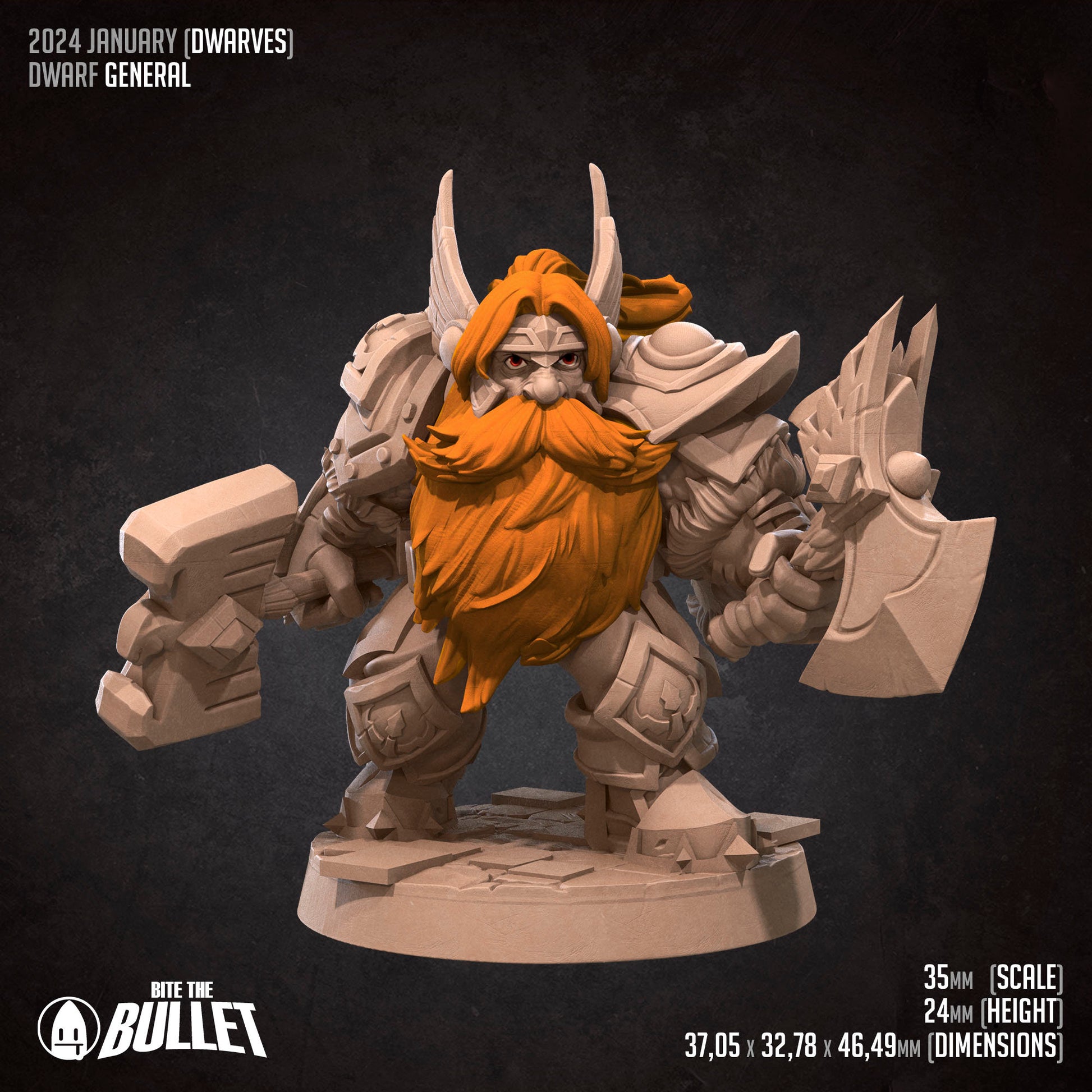 Armored dwarf general holding an axe and hammer