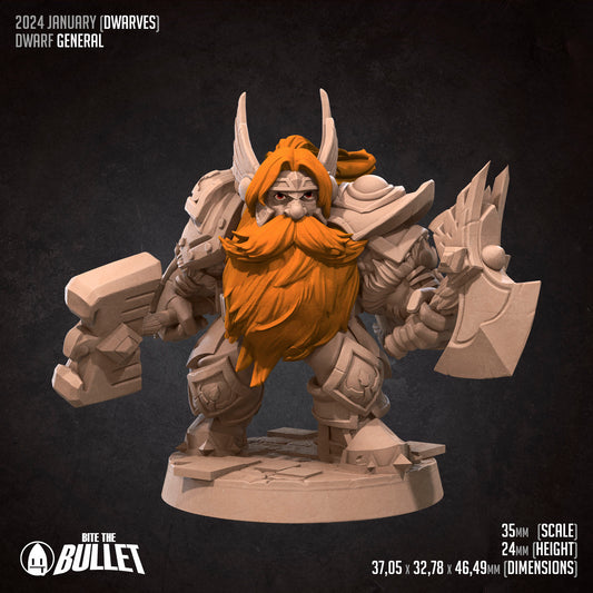 Armored dwarf general holding an axe and hammer