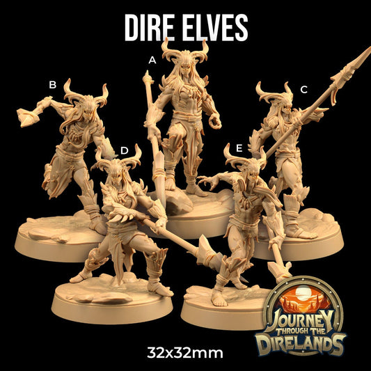 Dire Elves Set | Dragon Trappers Lodge | Journey Through The Direlands | 32mm Scale Resin Printed Tabletop RPG Figure For DND