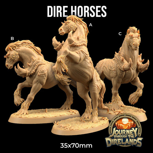 Dire Horses Set | Dragon Trappers Lodge | Journey Through The Direlands | 32mm Scale Resin Printed Tabletop RPG Figure For DND