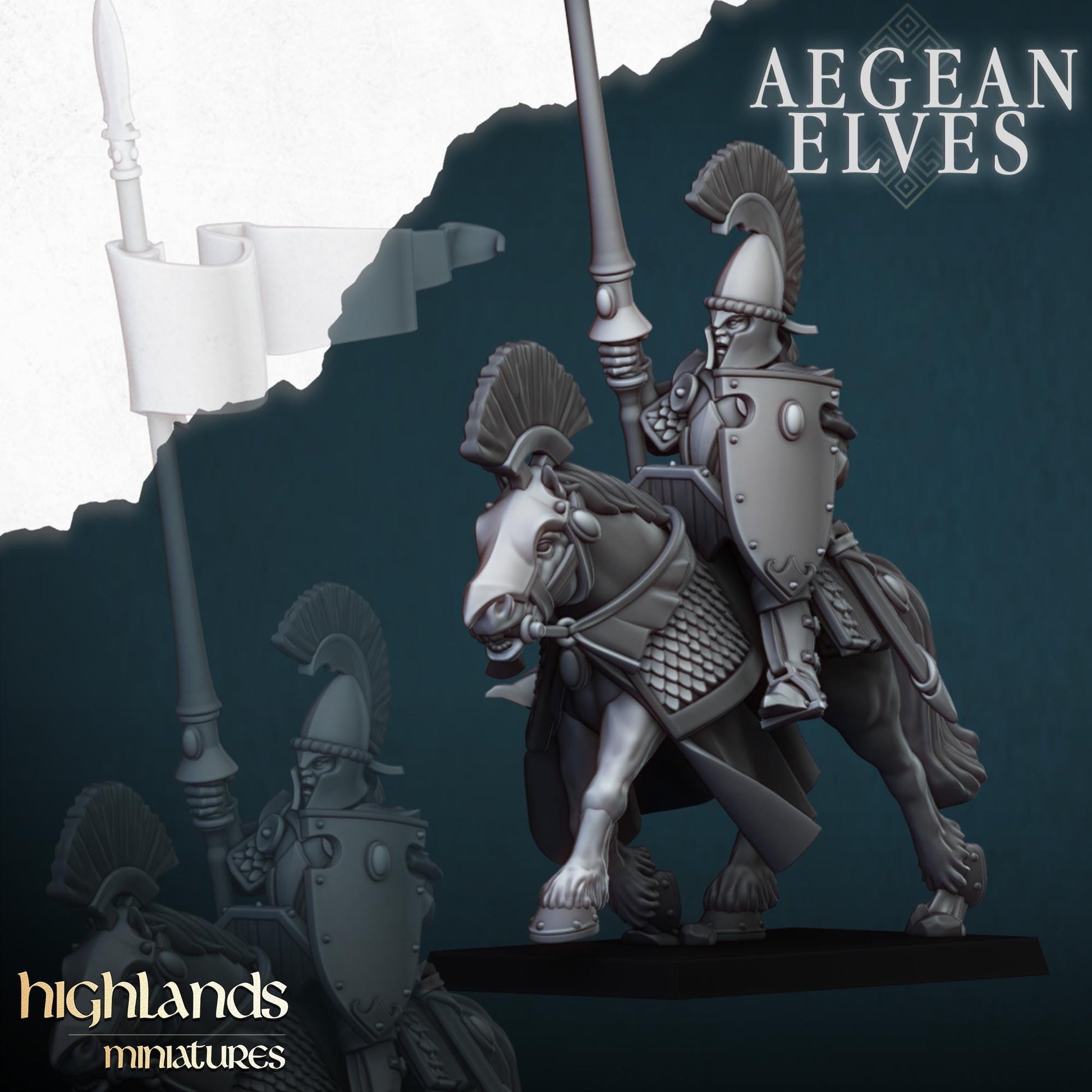 Aegean Elf Mounted Lances | Aegean Elves | Highland Miniatures | 32mm Scale Resin Tabletop RPG Figures for Roleplaying and Wargaming