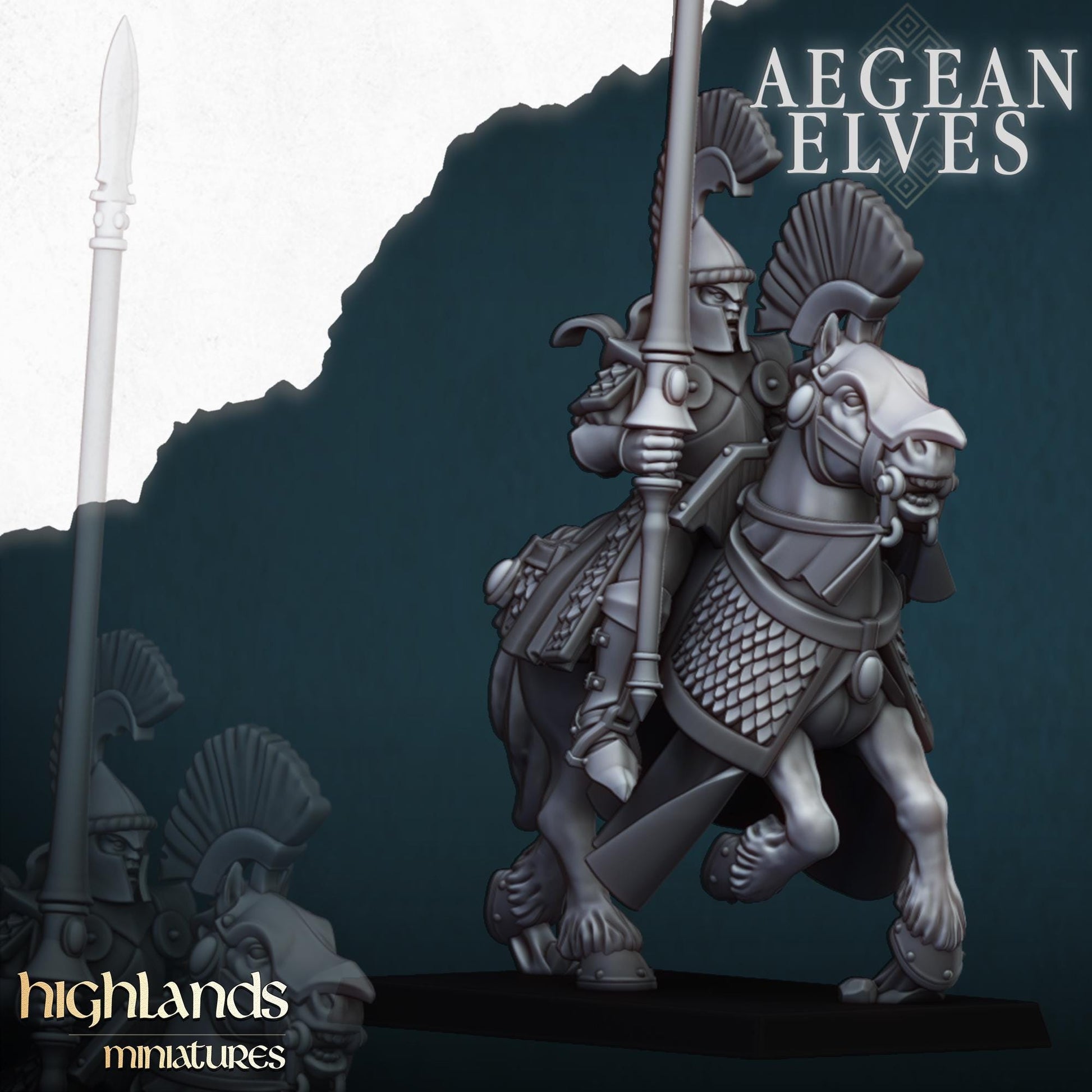 Aegean Elf Mounted Lances | Aegean Elves | Highland Miniatures | 32mm Scale Resin Tabletop RPG Figures for Roleplaying and Wargaming