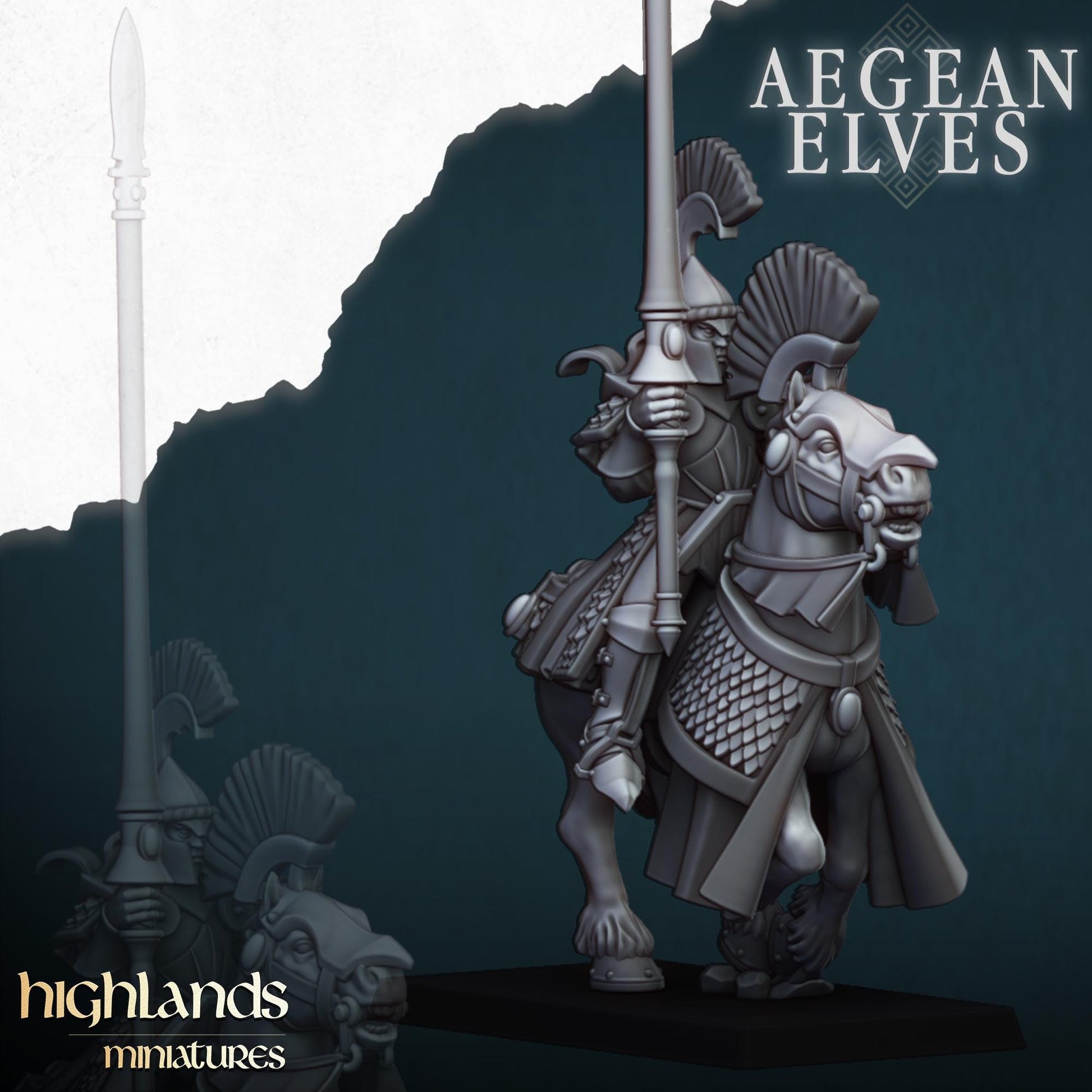 Aegean Elf Mounted Lances | Aegean Elves | Highland Miniatures | 32mm Scale Resin Tabletop RPG Figures for Roleplaying and Wargaming