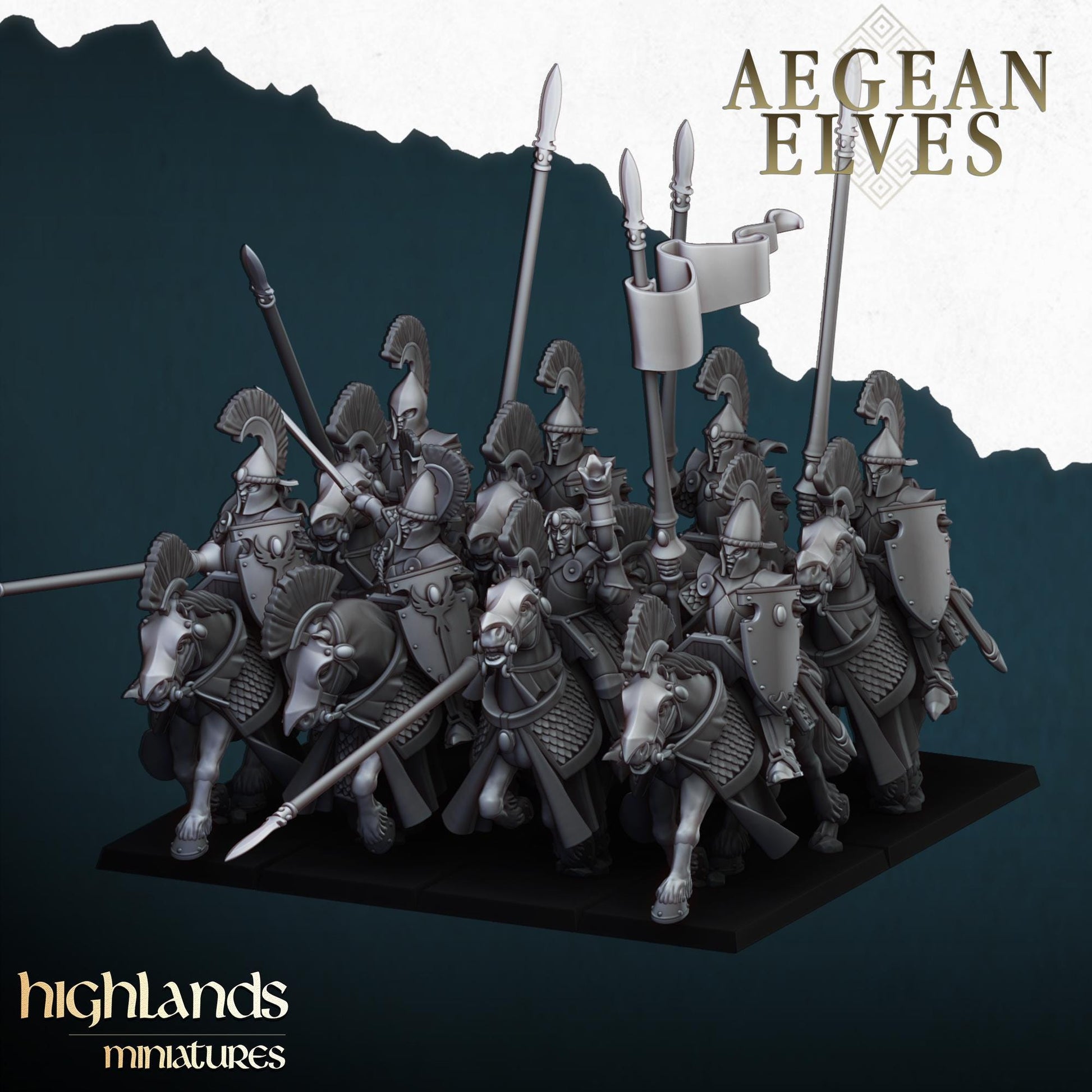 Aegean Elf Mounted Lances | Aegean Elves | Highland Miniatures | 32mm Scale Resin Tabletop RPG Figures for Roleplaying and Wargaming