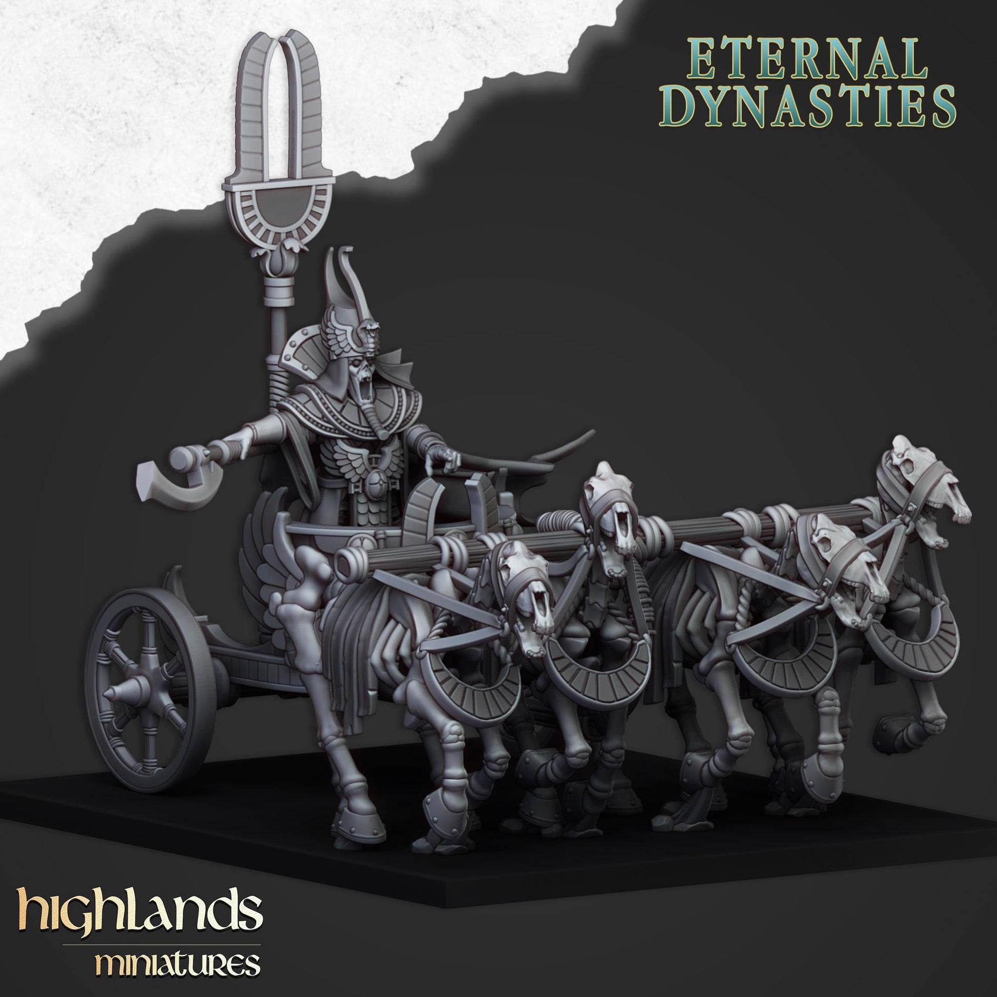 Eternal Pharaoh On Chariot | Eternal Dynasties | Highland Miniatures | 32mm Scale Resin Tabletop RPG Figures for Roleplaying and Wargaming