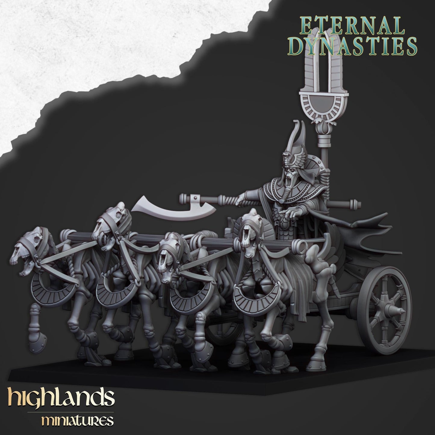 Eternal Pharaoh On Chariot | Eternal Dynasties | Highland Miniatures | 32mm Scale Resin Tabletop RPG Figures for Roleplaying and Wargaming
