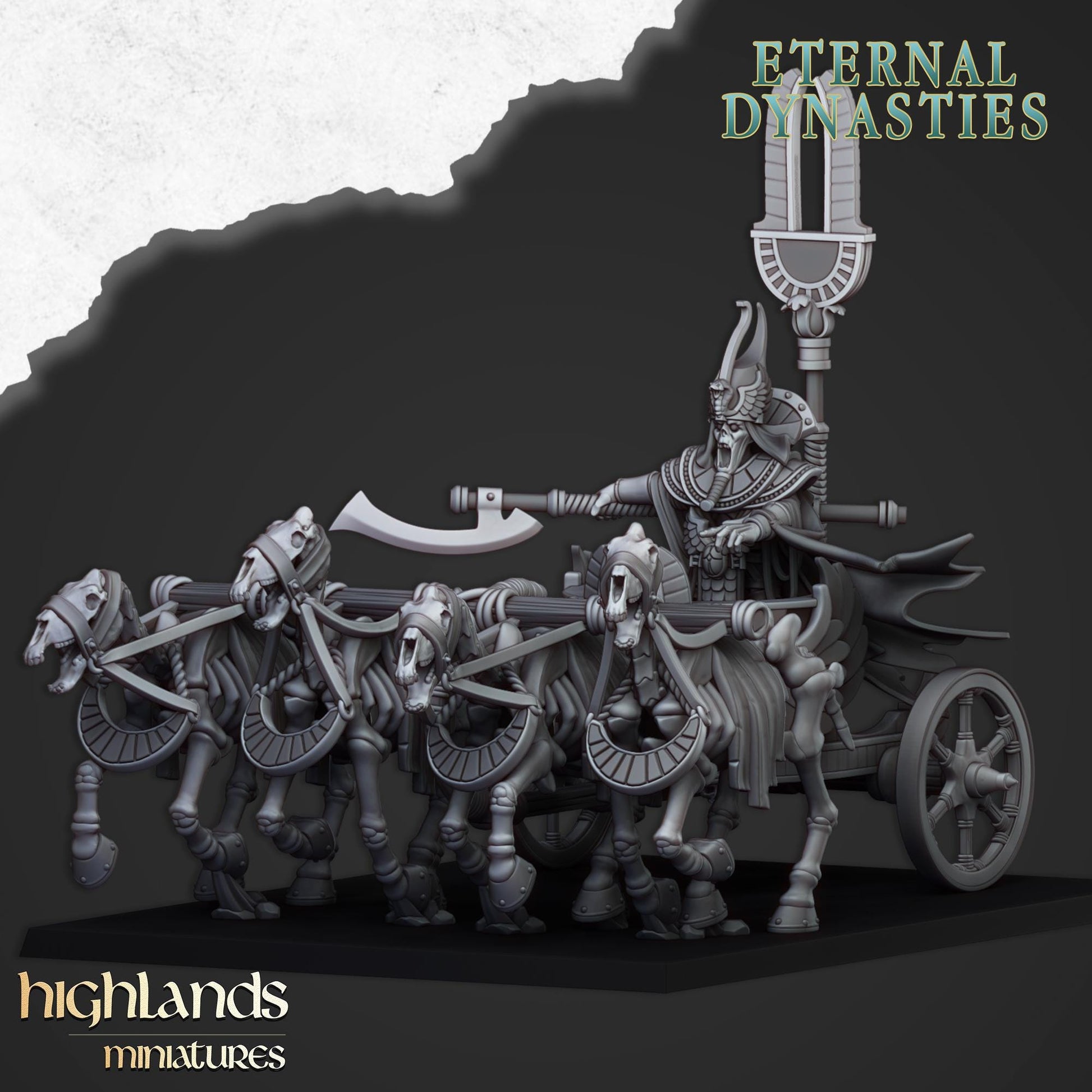 Eternal Pharaoh On Chariot | Eternal Dynasties | Highland Miniatures | 32mm Scale Resin Tabletop RPG Figures for Roleplaying and Wargaming