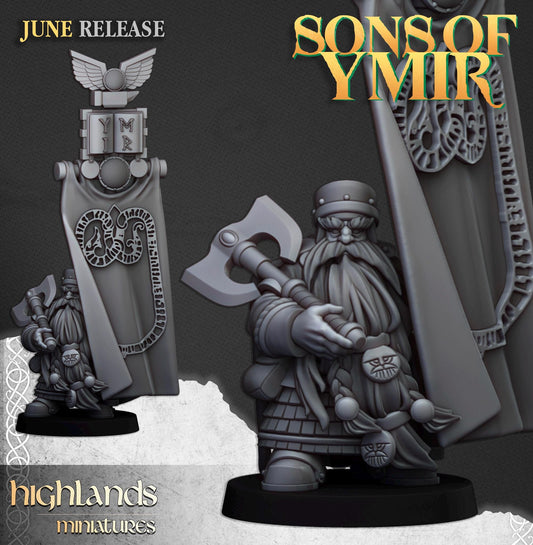 Dwarf Lord with Battle Banner | Sons of Ymir | Highland Miniatures | 32mm Scale Resin Tabletop RPG Figures for Roleplaying and Wargaming
