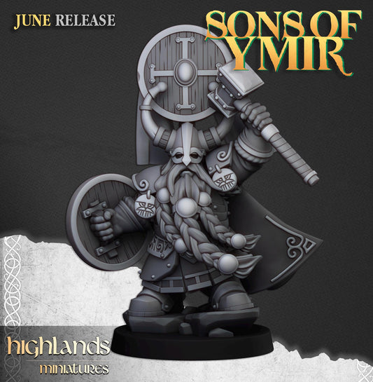 Dwarf Prince w Hammer and Shield | Sons of Ymir | Highland Miniatures | 32mm Scale Resin Tabletop RPG Figures for Roleplaying and Wargaming