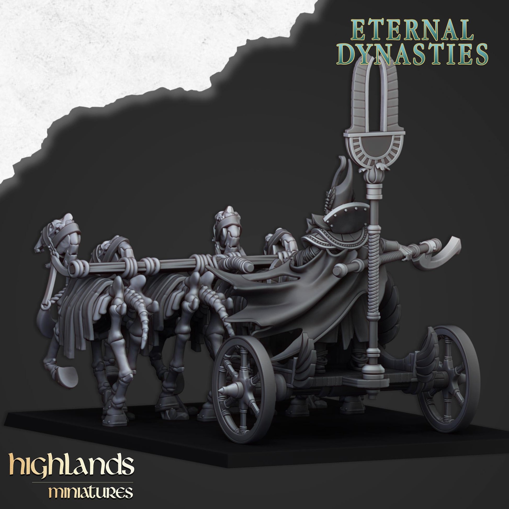 Eternal Pharaoh On Chariot | Eternal Dynasties | Highland Miniatures | 32mm Scale Resin Tabletop RPG Figures for Roleplaying and Wargaming