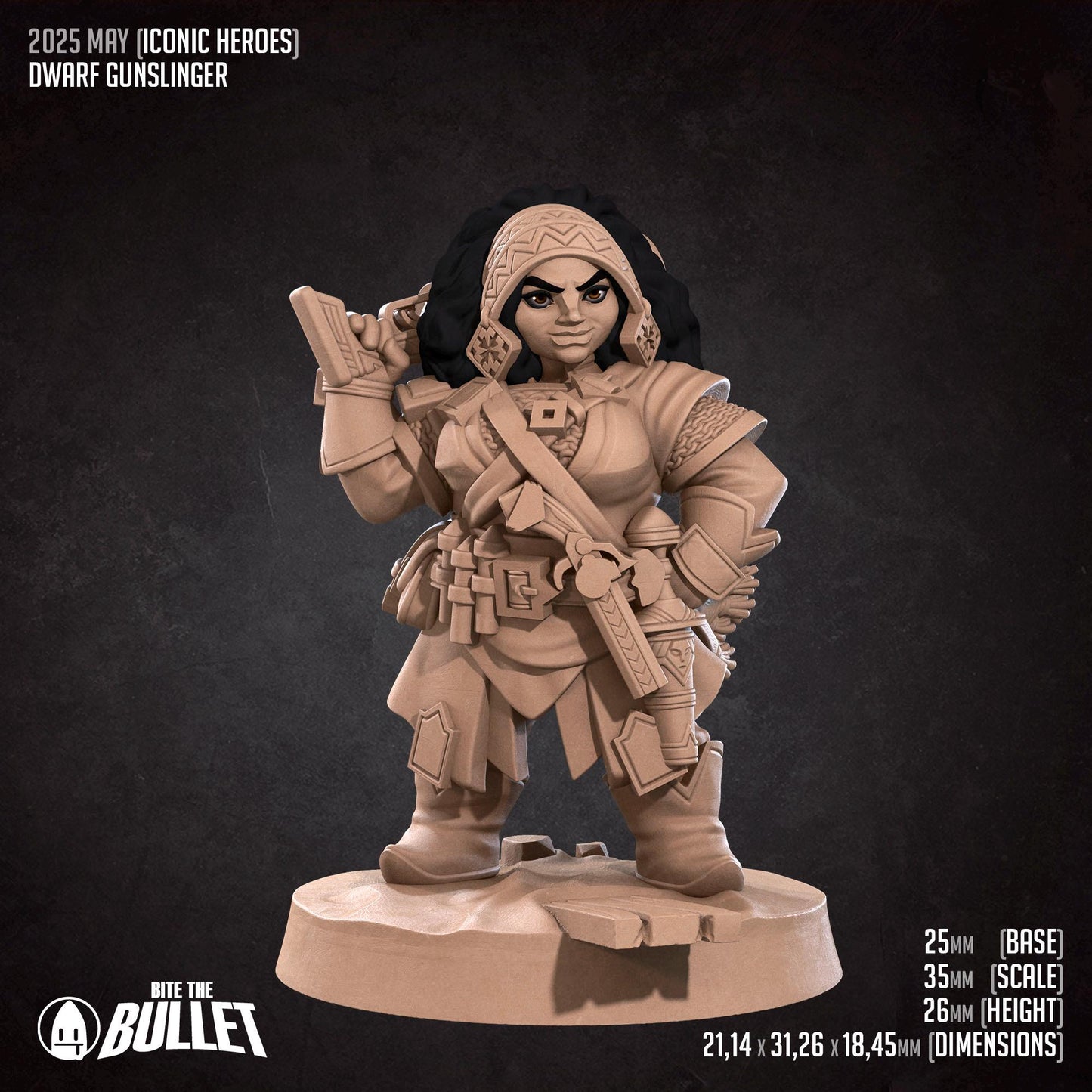Dwarf Gunslinger | Iconic Heroes | Bite The Bullet | 35mm Scale | Resin Printed Tabletop RPG Miniature Figures | DND | 5E