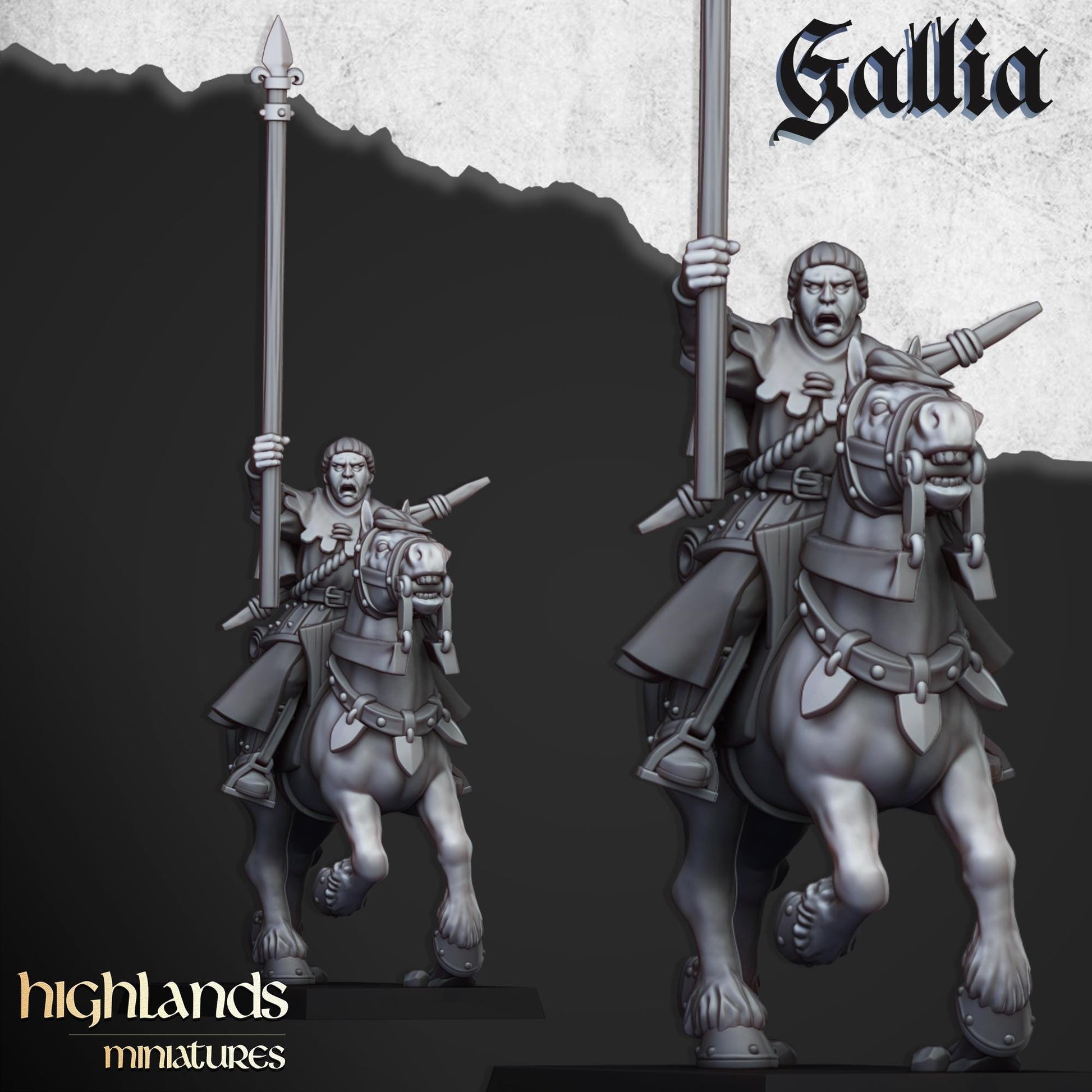 Gallia Mounted Men At Arms | Gallia | Highland Miniatures | 32mm Scale Resin Tabletop RPG Figures for Roleplaying and Wargaming