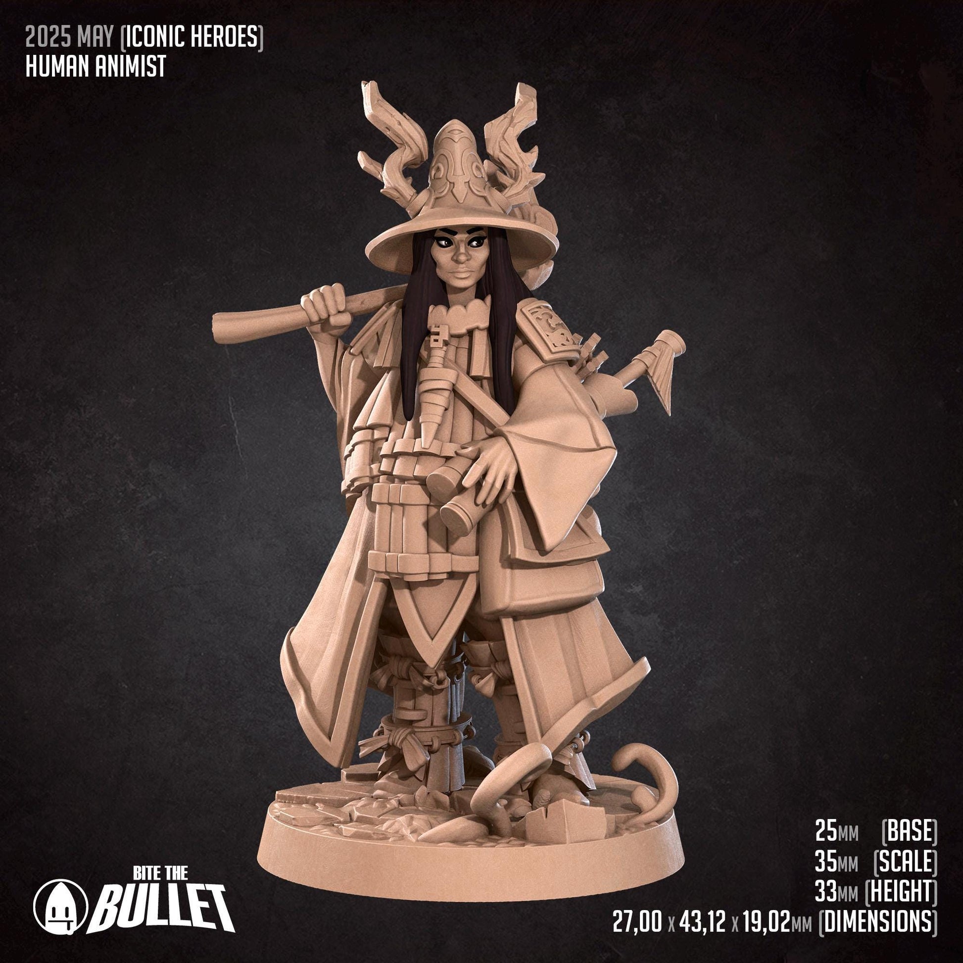 Human Animist With Deer Companion | Iconic Heroes | Bite The Bullet | 35mm Scale | Resin Printed Tabletop RPG Miniature Figures | DND | 5E