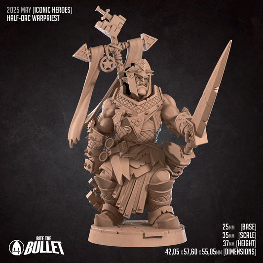 Half-Orc War Priest | Iconic Heroes | Bite The Bullet | 35mm Scale | Resin Printed Tabletop RPG Miniature Figures | DND | 5E