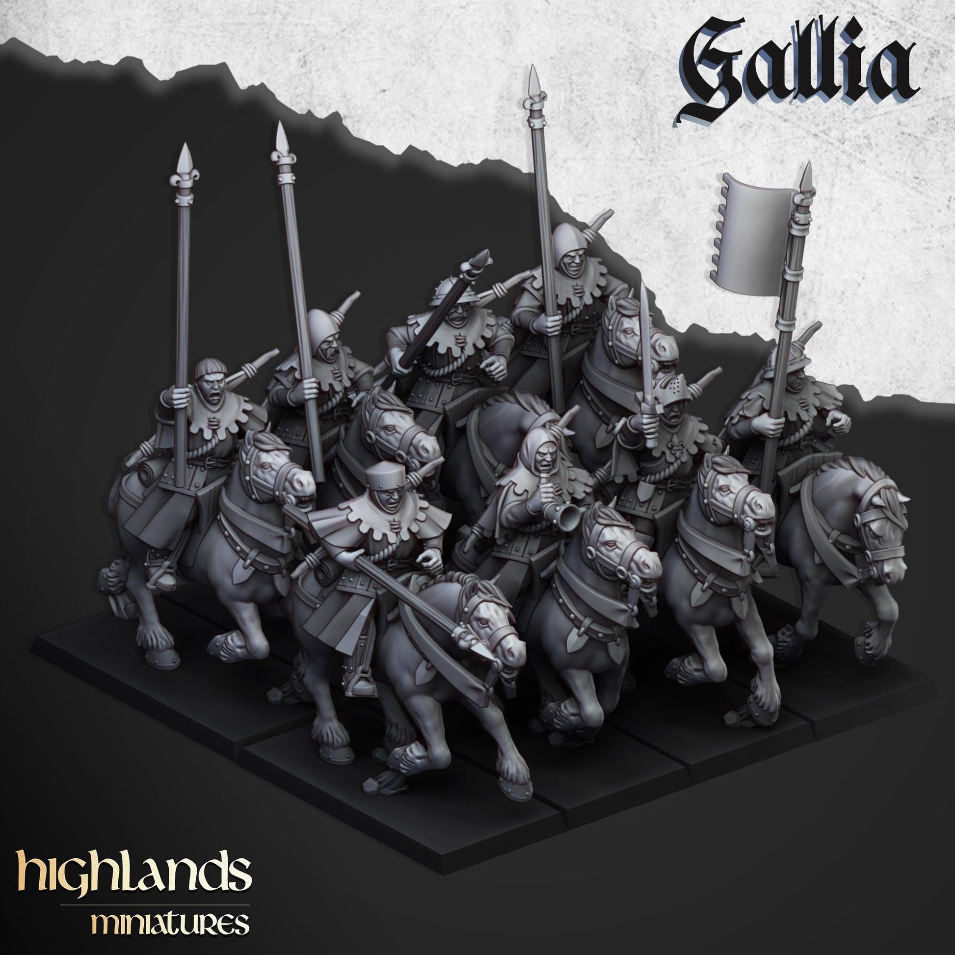 Gallia Mounted Men At Arms | Gallia | Highland Miniatures | 32mm Scale Resin Tabletop RPG Figures for Roleplaying and Wargaming