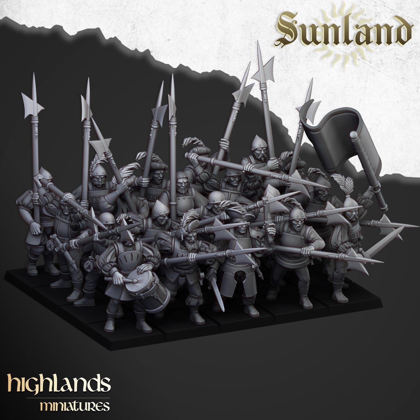 Sunland Troops with Halberds and Spears | Sunland | Highland Miniatures | 32mm Scale Resin Tabletop RPG Figures for Roleplaying Wargaming