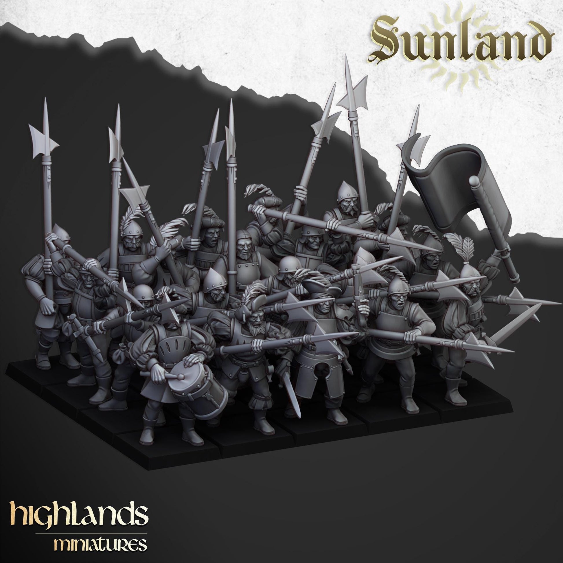Sunland Troops with Halberds and Spears | Sunland | Highland Miniatures | 32mm Scale Resin Tabletop RPG Figures for Roleplaying Wargaming