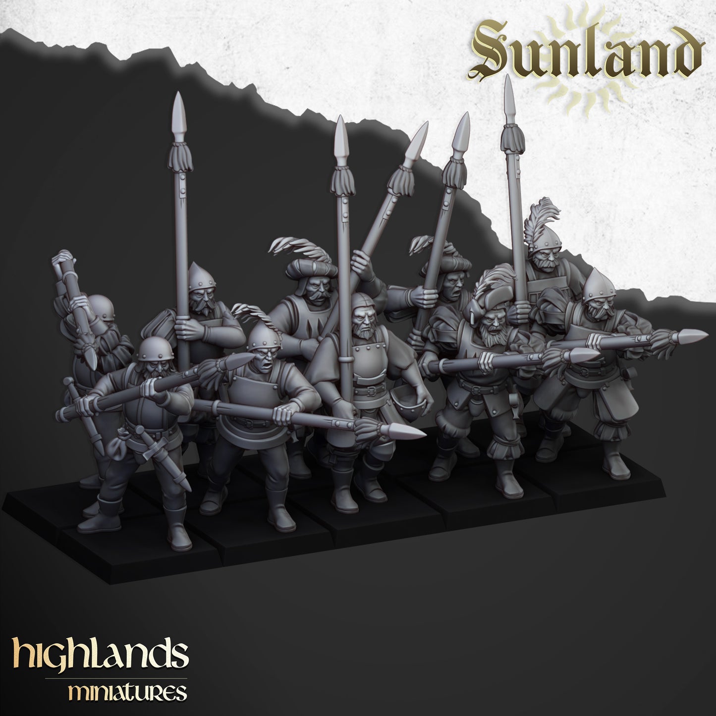 Sunland Troops with Halberds and Spears | Sunland | Highland Miniatures | 32mm Scale Resin Tabletop RPG Figures for Roleplaying Wargaming